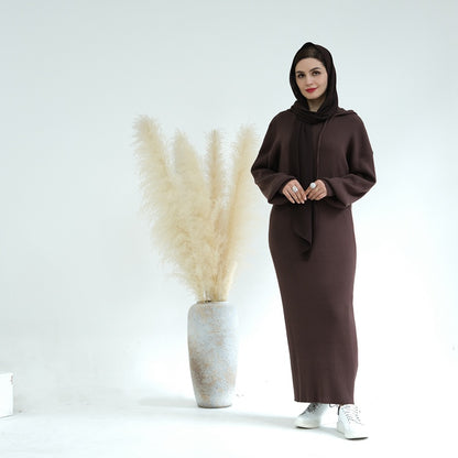 Winter Fall Muslim Women Knitting Heavy Cotton Blended Abaya Dress With Hooded