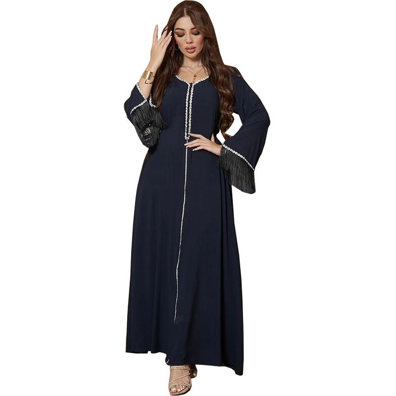 Muslim Women Hotfix Rhinestone Tassel Caftan Kaftan Abaya Dress
