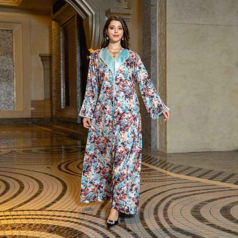 Eid Dresses Flower Printed Rhinestone Satin Caftan Kaftan Dress