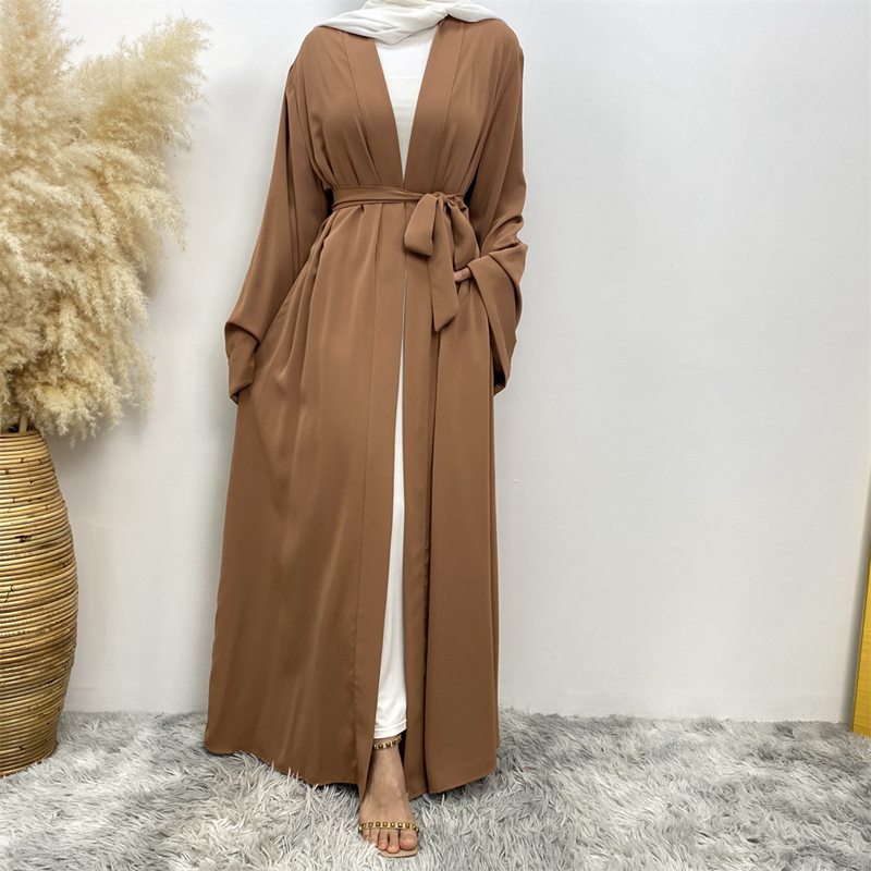 Broken Twil Fabric Muslim Women Open Abaya Dress With Pocket