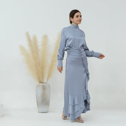 2 Pieces Set Abaya Skirt Suit Set Muslim Women Satin Tops And Skirt