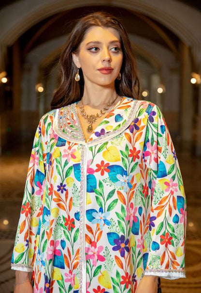 Arab Middle East Hotfix Rhinestone Printed Caftan Kaftan Dress