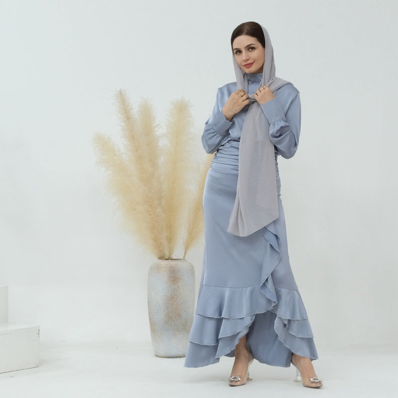 2 Pieces Set Abaya Skirt Suit Set Muslim Women Satin Tops And Skirt