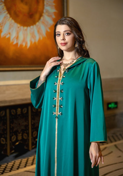 Satin Hooded Rhinestone Women Caftan Kaftan Abaya Dress For Evening Party And Eid Celebration