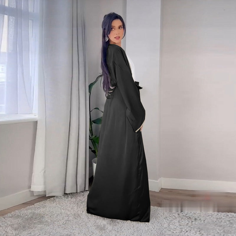 Hotfix Rhinestone Soft Light Satin Cardigan Open Abaya Dress
