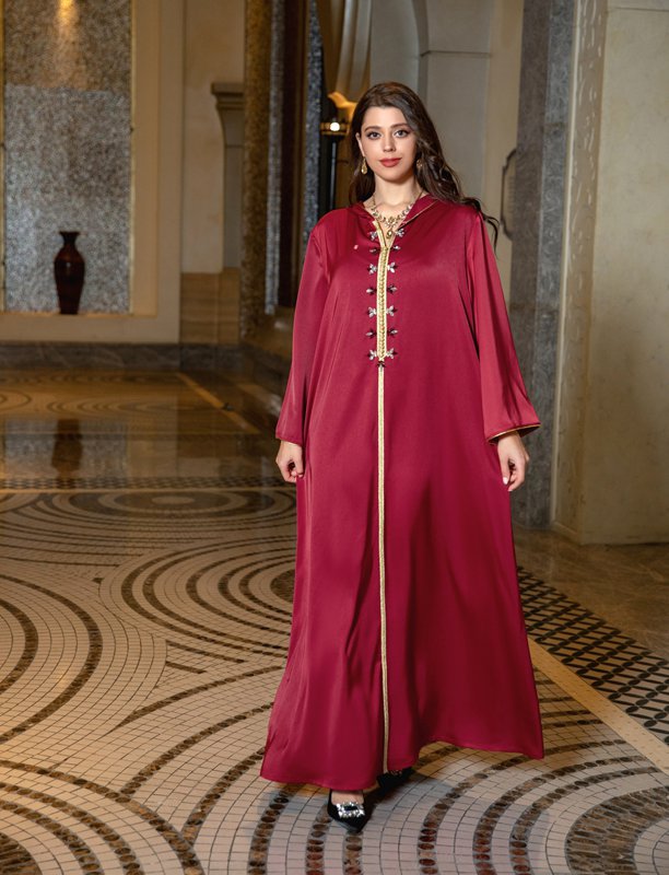 Satin Hooded Rhinestone Women Caftan Kaftan Abaya Dress For Evening Party And Eid Celebration