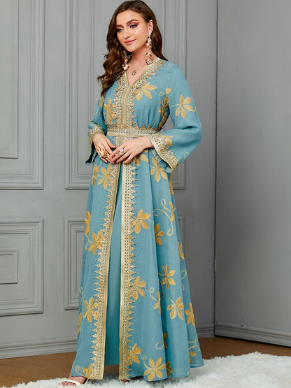 Eid Outfits 2 Pieces Set Printed Caftan Kaftan Dress With Long Sleeve Inner Dress