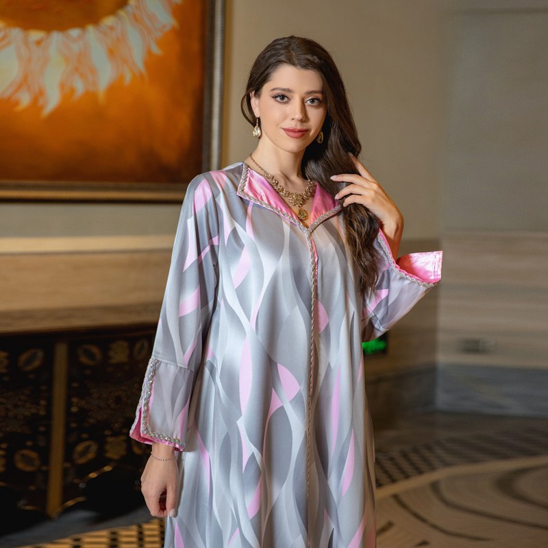 Eid Dress Printed Oblong Collar Rhinestone Muslim Women Home Wear Caftan Kaftan Dress