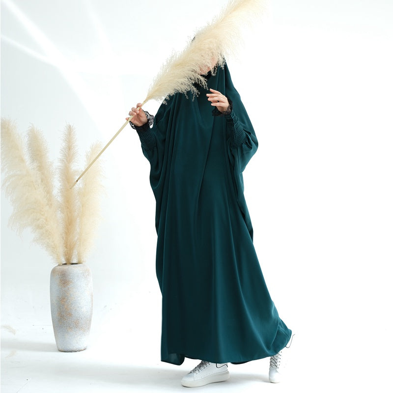 Satin Lace Cuffs Muslim Women Overhead Jilbab Abaya Prayer Dress