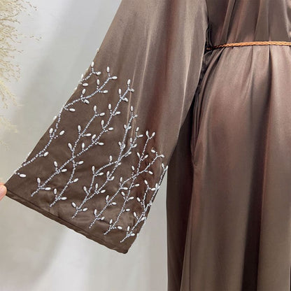 Cotton-Blended Hand Beading Muslim Women Open Abaya Dress