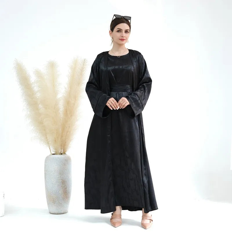 Jacquard Satin 2 Pieces Set Muslim Women Open Abaya Dress