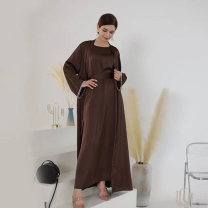 Muslim Women Beads Sleeve Satin Cardigan Open Abaya Dress For Eid, Celebration And Birthday