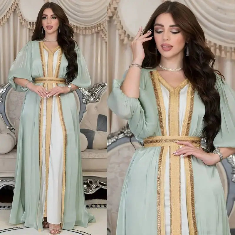 Eid Dress 2 Pieces Set Hotfix Rhinestones Satin Open Abaya Kaftan Dress, With Outer Abaya Dress And Inner Sleeveless Dress