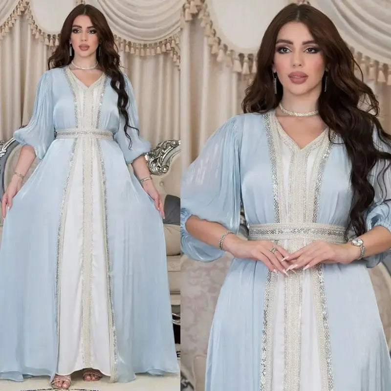 2 Pieces Set Hotfix Rhinestone Satin Open Abaya Dress, With Outer Abaya Dress And Inner Sleeveless Dress