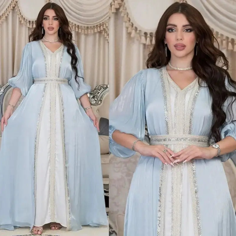 Eid Dress 2 Pieces Set Hotfix Rhinestones Satin Open Abaya Kaftan Dress, With Outer Abaya Dress And Inner Sleeveless Dress