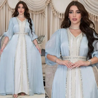 Eid Dress 2 Pieces Set Hotfix Rhinestone Satin Open Abaya Kaftan Dress, With Outer Abaya Dress And Inner Sleeveless Dress