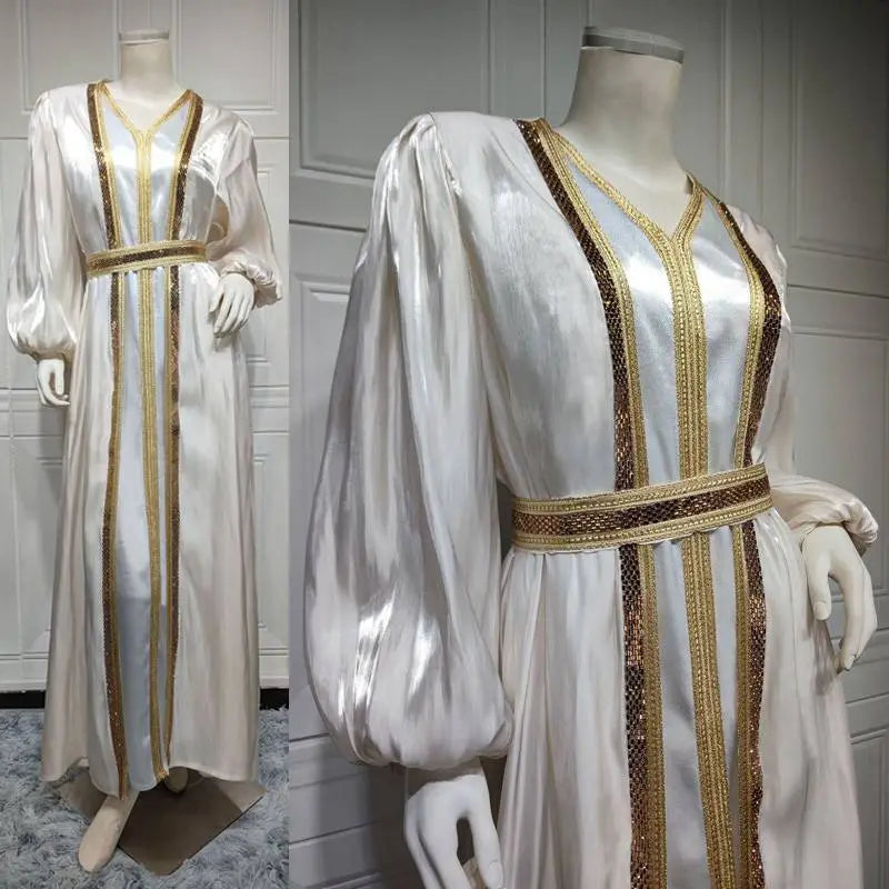 Eid Dress 2 Pieces Set Hotfix Rhinestone Satin Open Abaya Kaftan Dress, With Outer Abaya Dress And Inner Sleeveless Dress