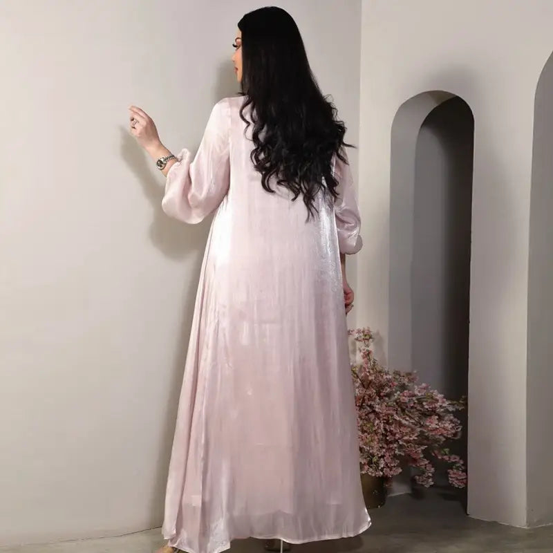 2 Pieces Set Bright Satin Open Abaya Dress With Inner Sleeveless Dress