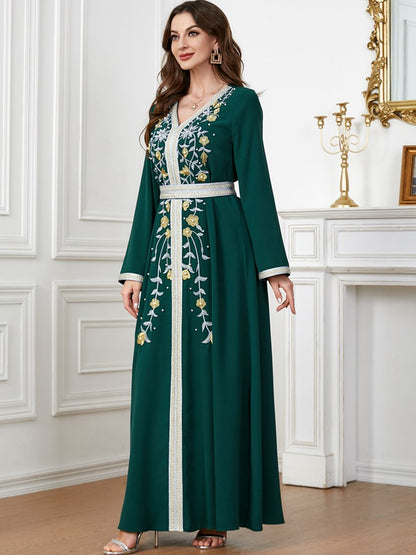 Women Casual Party Wear Beads Embroidery Abaya Caftan Kaftan Dress