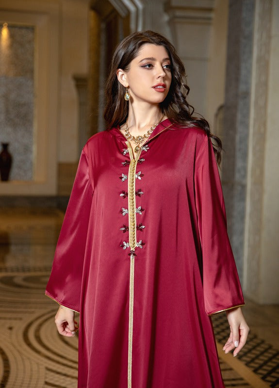 Satin Hooded Rhinestone Women Caftan Kaftan Abaya Dress For Evening Party And Eid Celebration