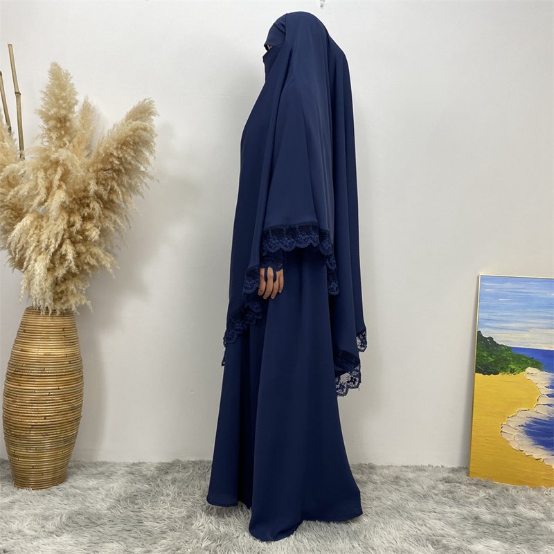 Front Zipper Lace Sleeve Muslim Women Abaya Dress