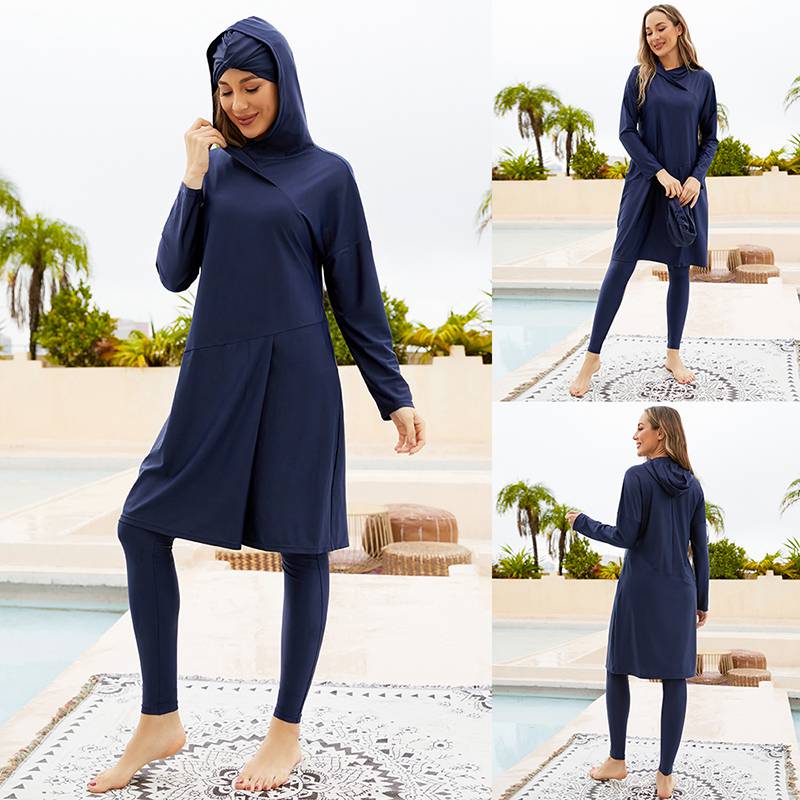 3 Pieces Set Hooded Burkini Muslim Swimwear - Full Coverage Islamic Hijab Swimsuit Halal Bathing Suit - #2510796