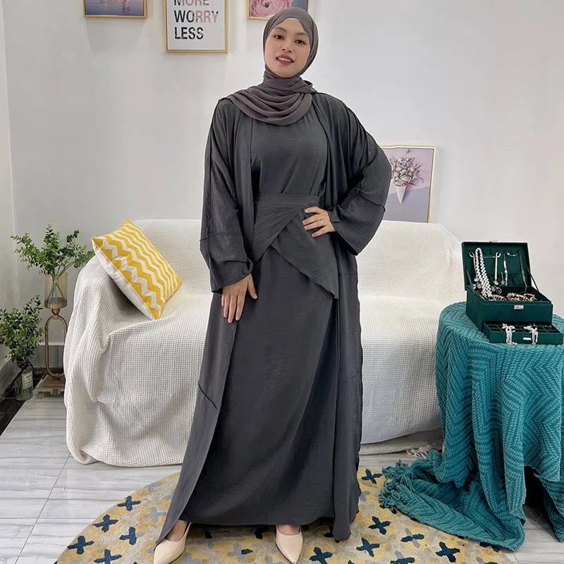 10 Color Options 3 Pieces Set Muslim Women Wrinkled Abaya Dress Suit S ...