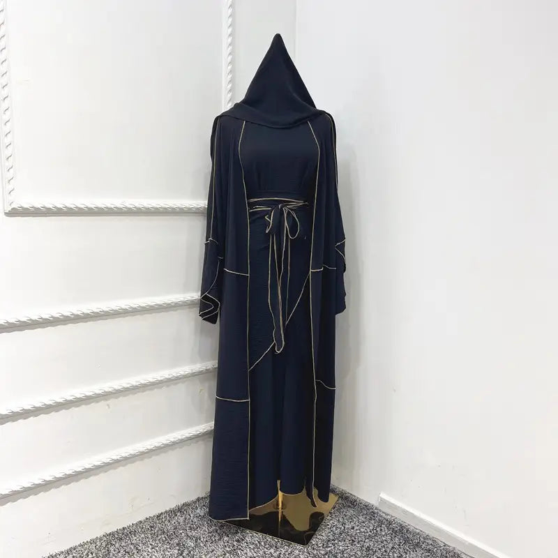 Muslim Women 4 Pieces Sets Wrinkle Open Abaya Dress Set With Out Abaya, Mid Wrap, Inner Sleeveless Dress And Hijab Scarf