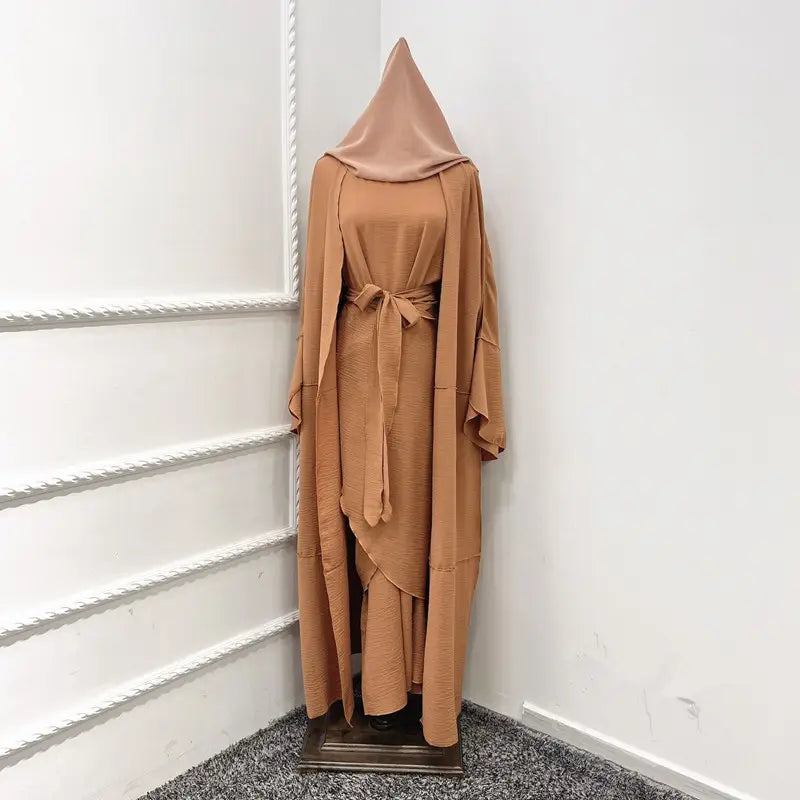 Muslim Women 4 Pieces Sets Wrinkle Open Abaya Dress Set With Out Abaya ...