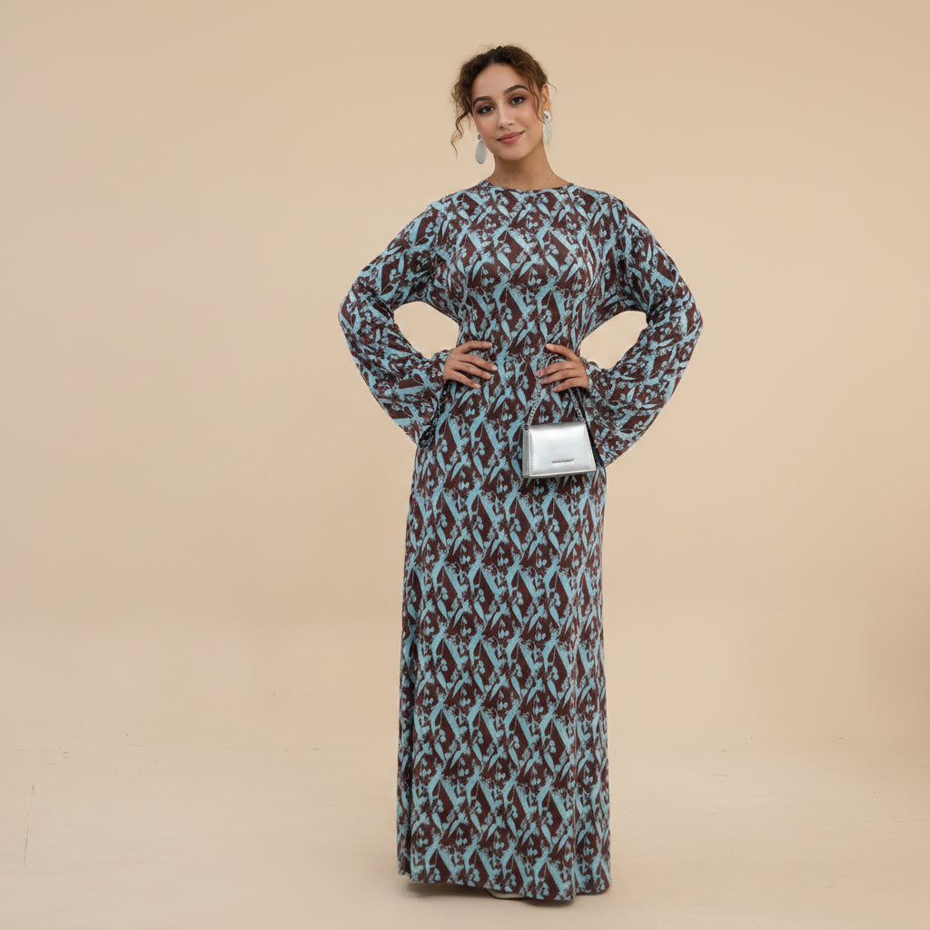 Printed Modal Abaya Dress For Women - Taro/Black/Purple/Dusty Blue/Argyle Pattern - #261288