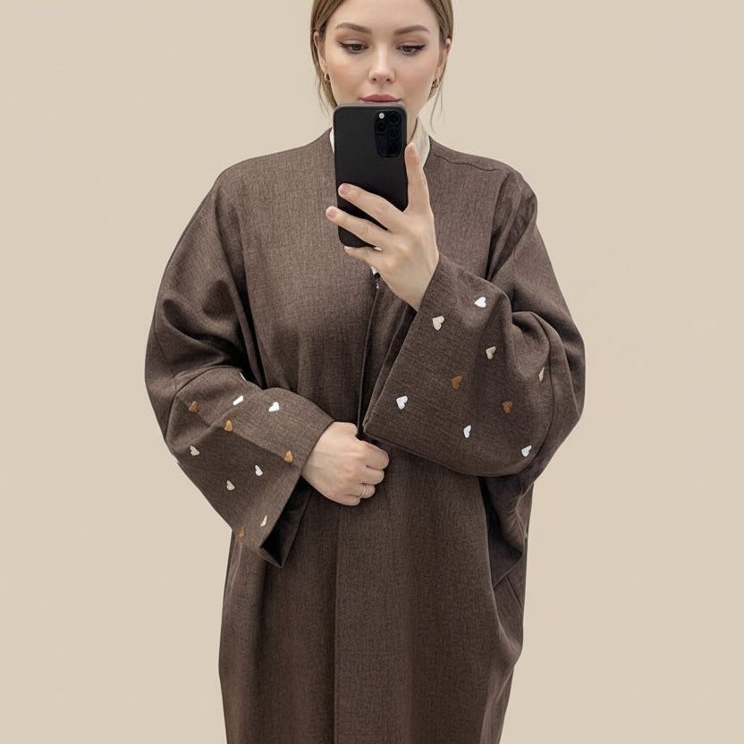 Heart Embroidery Cardigan Open Abaya Dress