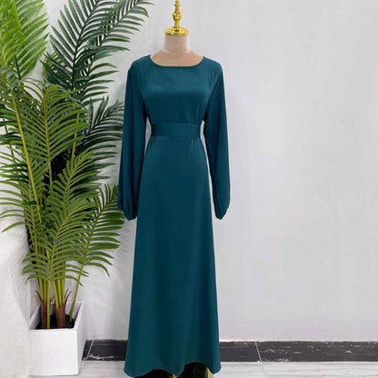 2XL Dark Green Muslim Women Satin Abaya Dress