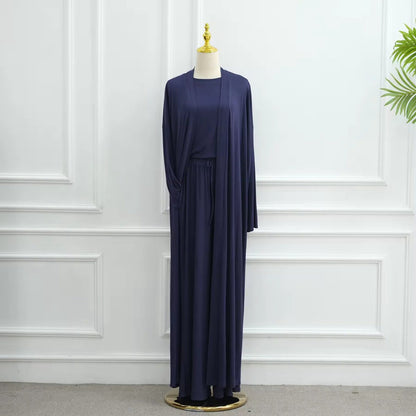Muslim Women 3 Pieces Set Modal Tops And Pants Suit Set With Open Abaya Dress #251076