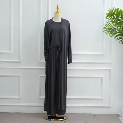 Muslim Women 3 Pieces Set Modal Tops And Pants Suit Set With Open Abaya Dress #251076