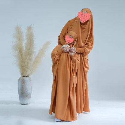 Muslim Women Mother And Daughter Girl Matching Satin Prayer Dress Overhead Jilbab Robe