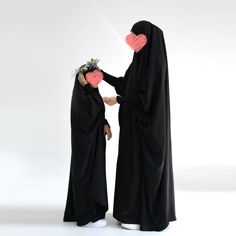 Muslim Women Mother And Daughter Girl Matching Satin Prayer Dress Overhead Jilbab Robe