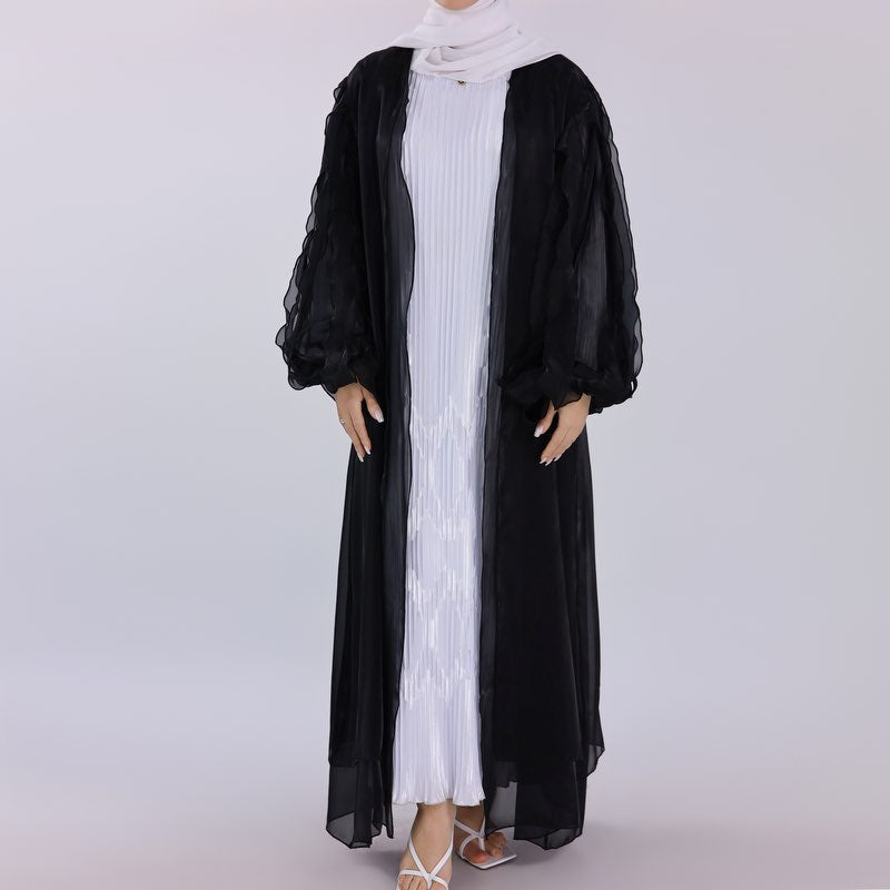 Petal Puff Sleeve Satin Cardigan Open Abaya Dress Muslim Women