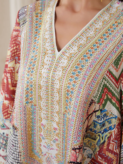 Hotfix Rhinestones Printed Jacquard Caftan Kaftan Dress For Women - Mukhawar Jalabiya Eid Dress -  #26N01