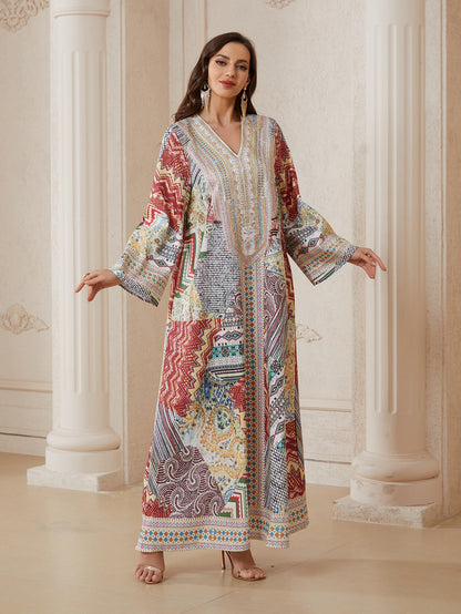 Hotfix Rhinestones Printed Jacquard Caftan Kaftan Dress For Women - Mukhawar Jalabiya Eid Dress -  #26N01