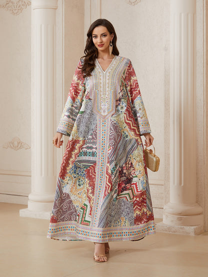Hotfix Rhinestones Printed Jacquard Caftan Kaftan Dress For Women - Mukhawar Jalabiya Eid Dress -  #26N01