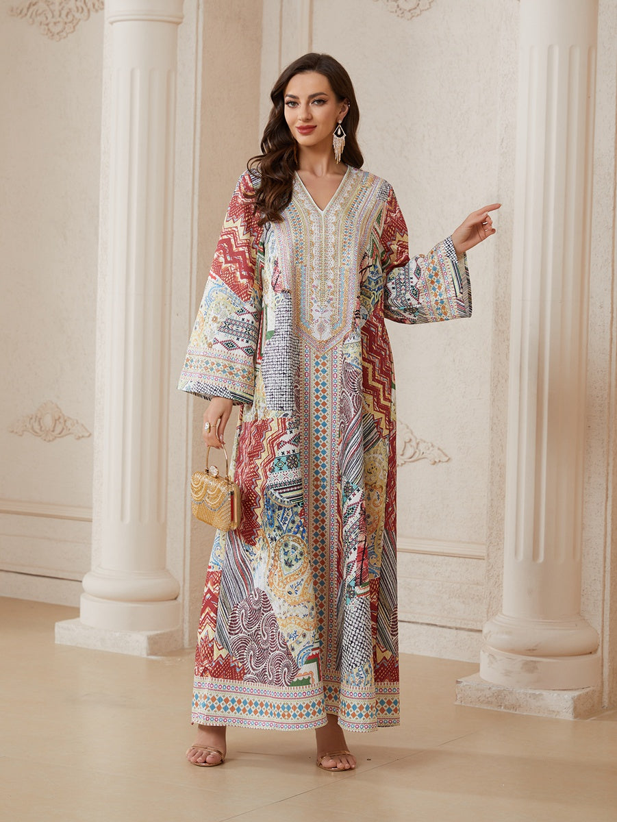 Hotfix Rhinestones Printed Jacquard Caftan Kaftan Dress For Women - Mukhawar Jalabiya Eid Dress -  #26N01