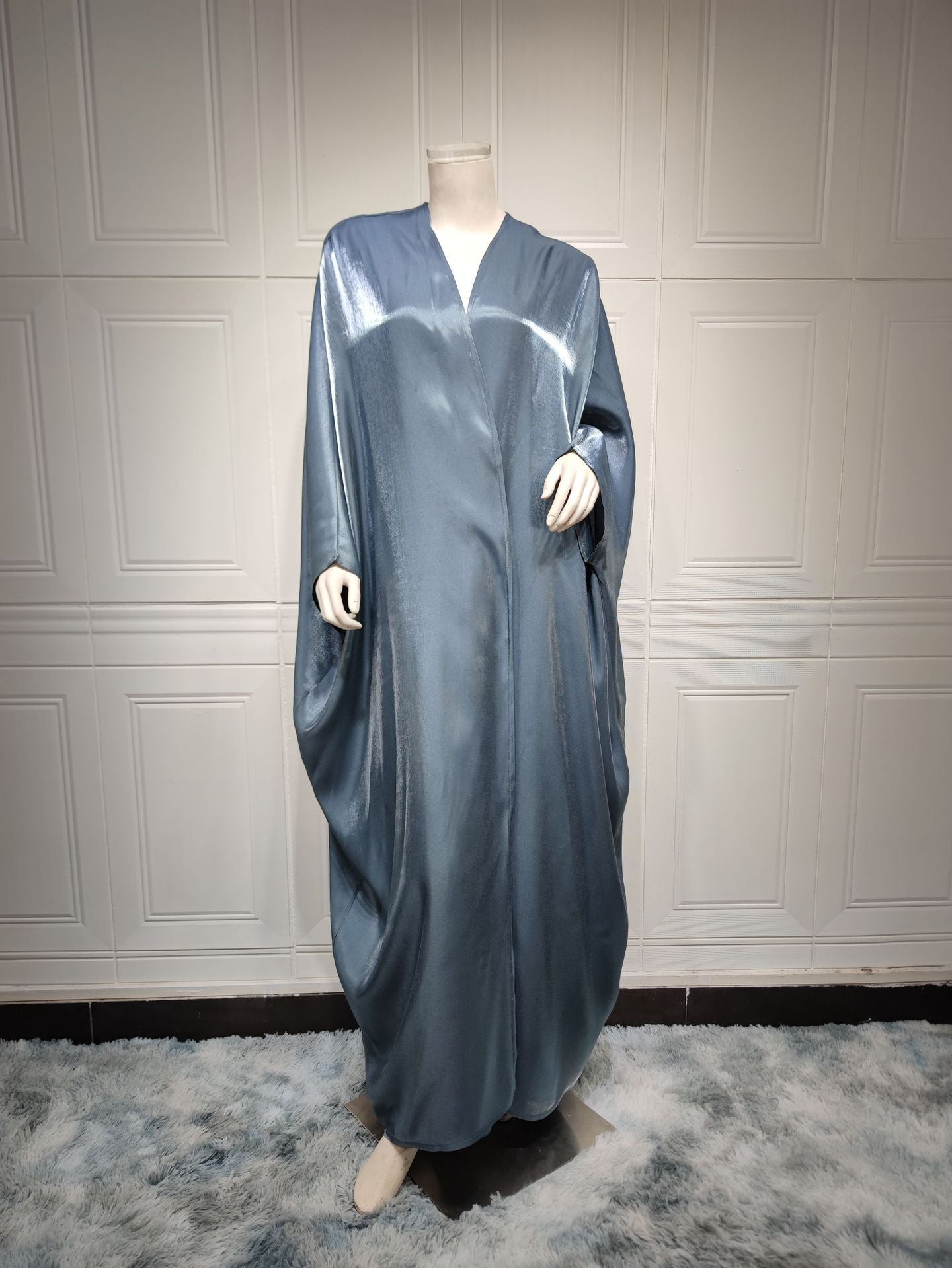 Gray - Free Size -  Batwing Sleeve Farasha Cardigan Open Abaya Dress For Muslim Women