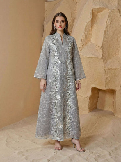 Sequins Caftan Kaftan Dress For Women - Mukhawar Jalabiya Eid Dress - Blue/Yellow/White - #26240