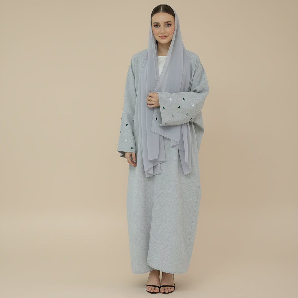 Heart Embroidery Cardigan Open Abaya Dress