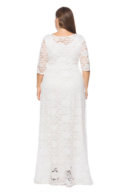 Elegant Plus Size Lace Women Maxi Wedding Formal Dress With Pocket For Mother Of The Groom/Bride