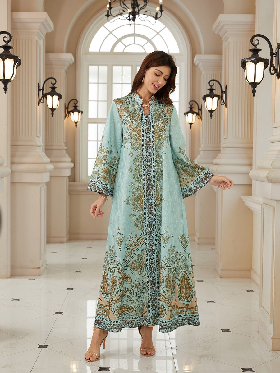 Hotfix Rhinestones Jacuqard Printed Caftan Kaftan Dress For Women - Mukhawar Jalabiya Eid Dress - Green - #26N09
