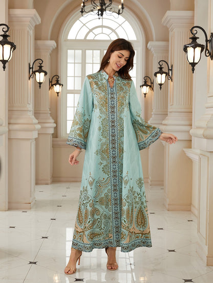 Hotfix Rhinestones Jacuqard Printed Caftan Kaftan Dress For Women - Mukhawar Jalabiya Eid Dress - Green - #26N09