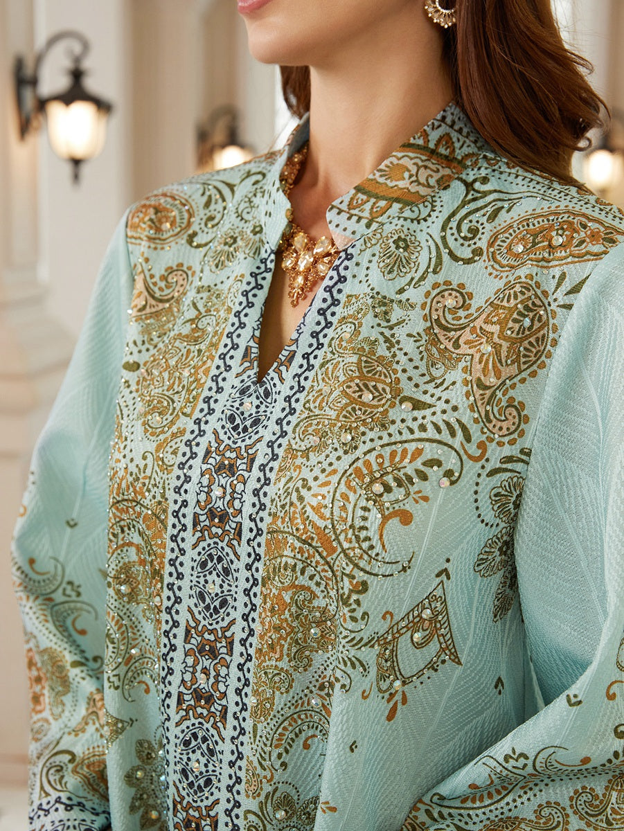 Hotfix Rhinestones Jacuqard Printed Caftan Kaftan Dress For Women - Mukhawar Jalabiya Eid Dress - Green - #26N09
