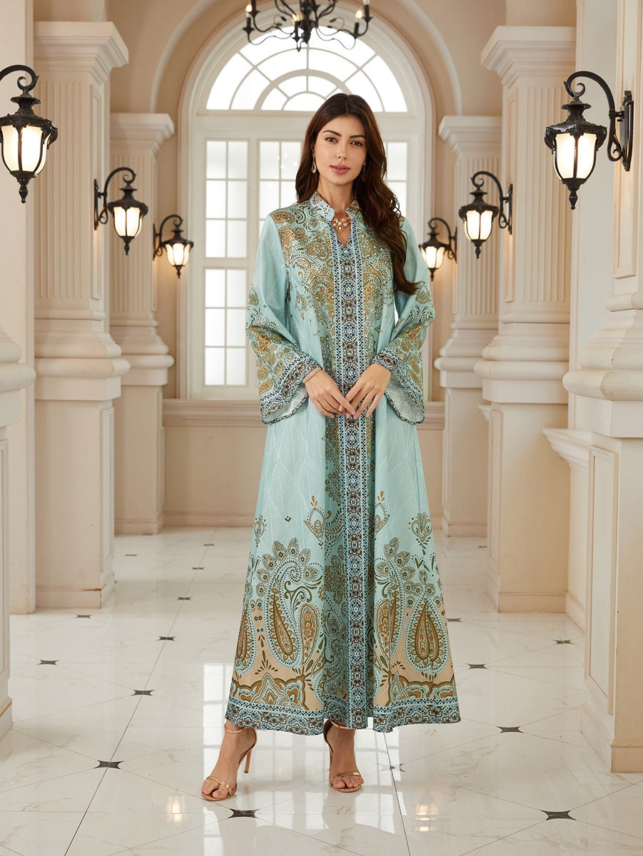 Hotfix Rhinestones Jacuqard Printed Caftan Kaftan Dress For Women - Mukhawar Jalabiya Eid Dress - Green - #26N09