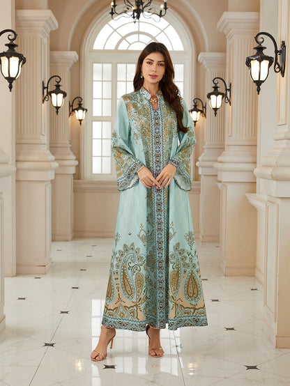 Hotfix Rhinestones Jacuqard Printed Caftan Kaftan Dress For Women - Mukhawar Jalabiya Eid Dress - Green - #26N09